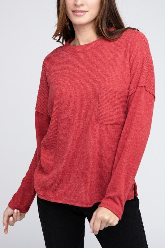 Ribbed Brushed Melange Hacci Sweater with a Pocket | Oversized Casual Sweater