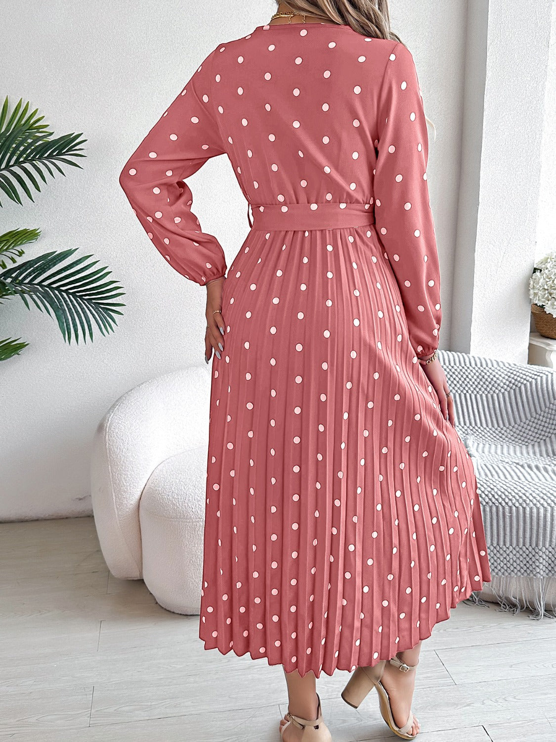 Tied Polka Dot Long Sleeve Midi Dress | Casual A-Line polyester Pleated Dress