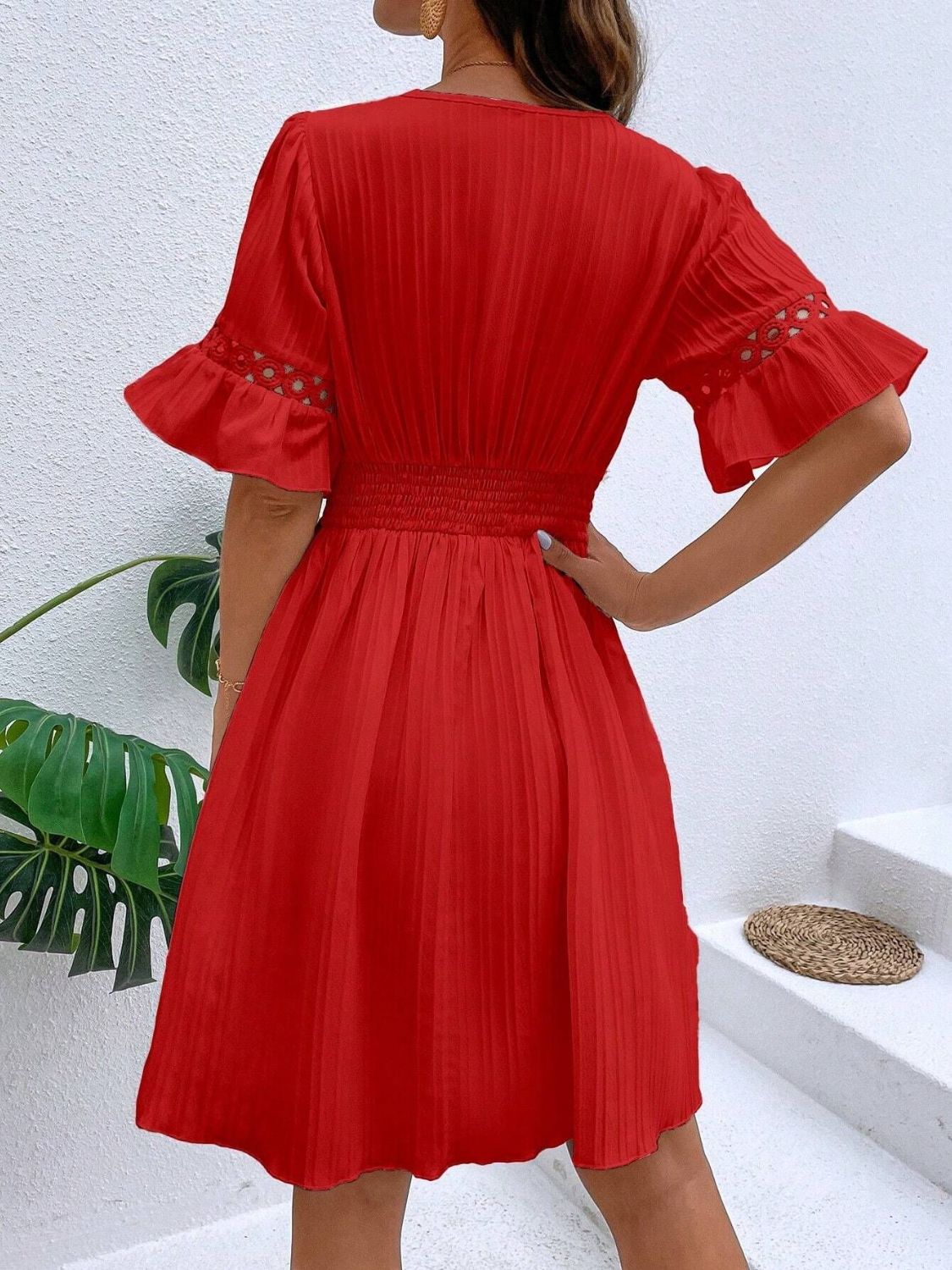 Cutout V-Neck Flounce Sleeve Mini Dress | Casual A-Line Ruffled Polyester Dress