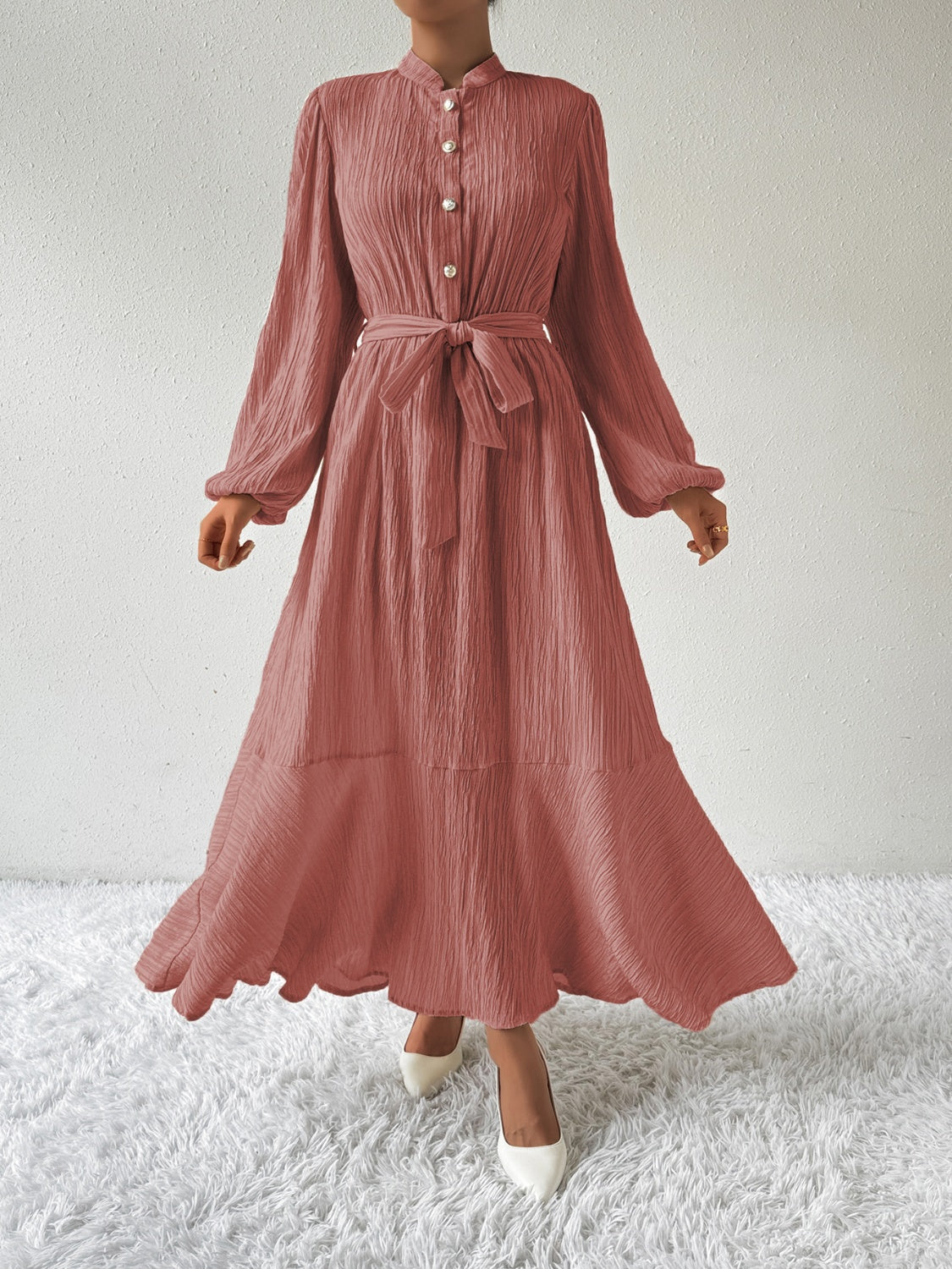 Tie Waist Long Sleeve Dress | A-Line Maxi Solid Buttoned Textured Dress