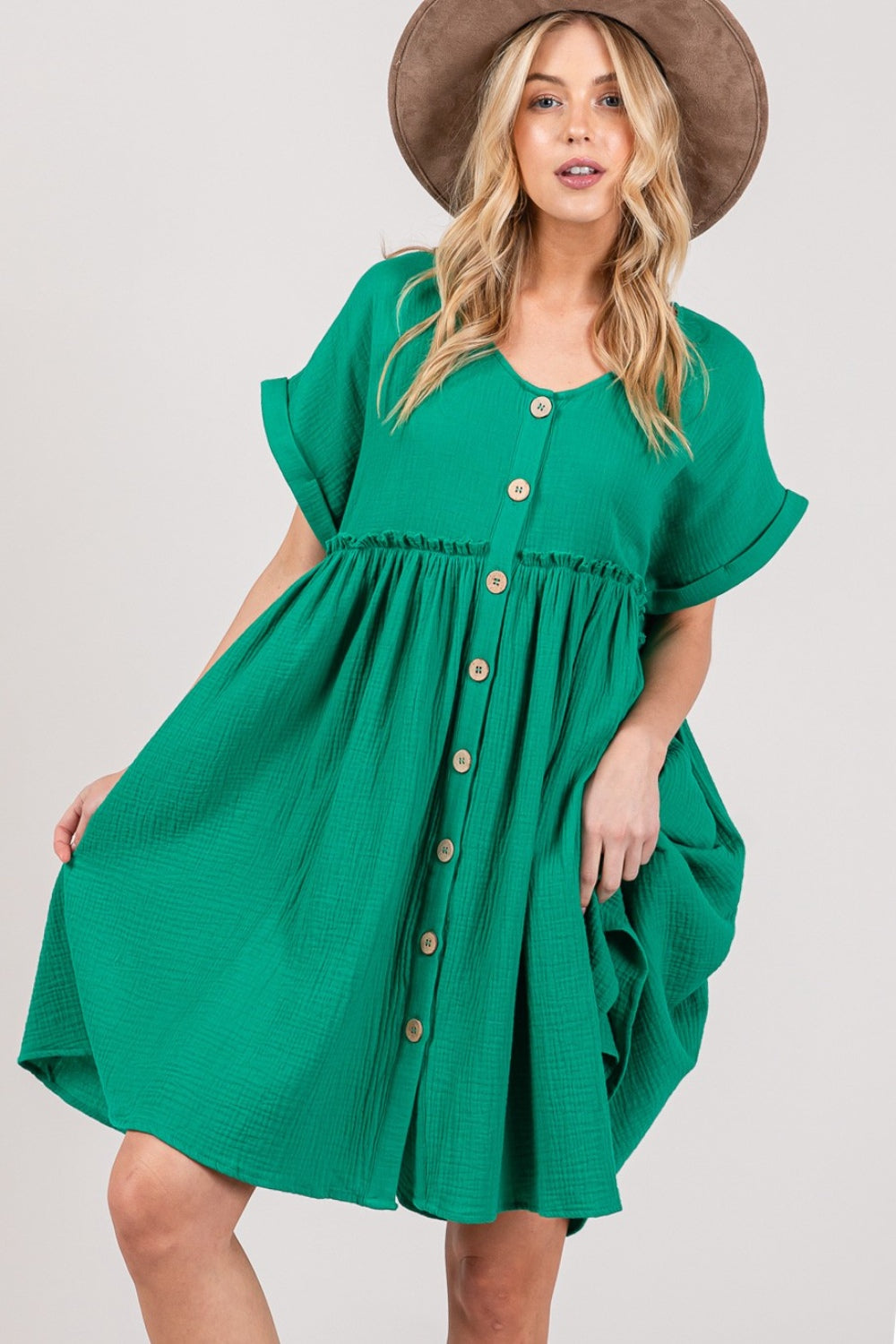 SAGE + FIG Full Size Button Up Short Sleeve Dress | Casual A-Line Ruched Dress