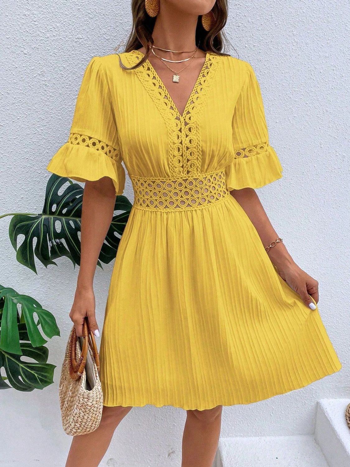Cutout V-Neck Flounce Sleeve Mini Dress | Casual A-Line Ruffled Polyester Dress