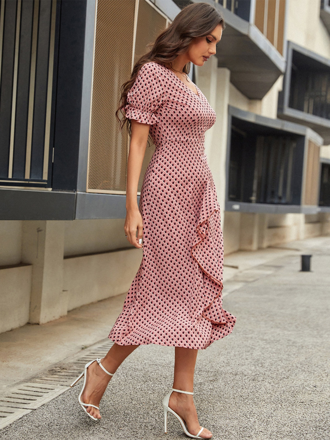 Printed V-Neck Flounce Sleeve Midi Dress | Casual polyester A-Line Dress