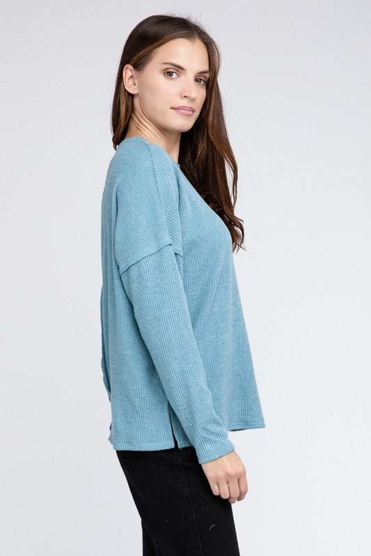 Ribbed Brushed Melange Hacci Sweater with a Pocket | Oversized Casual Sweater