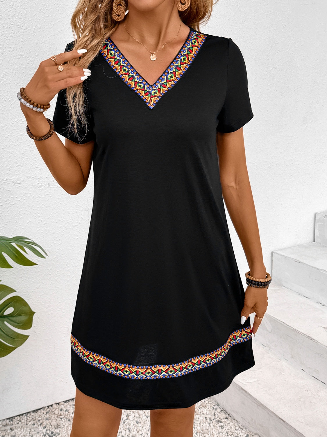 V-Neck Short Sleeve Mini Dress | Casual Black Polyester Stretchy Dress