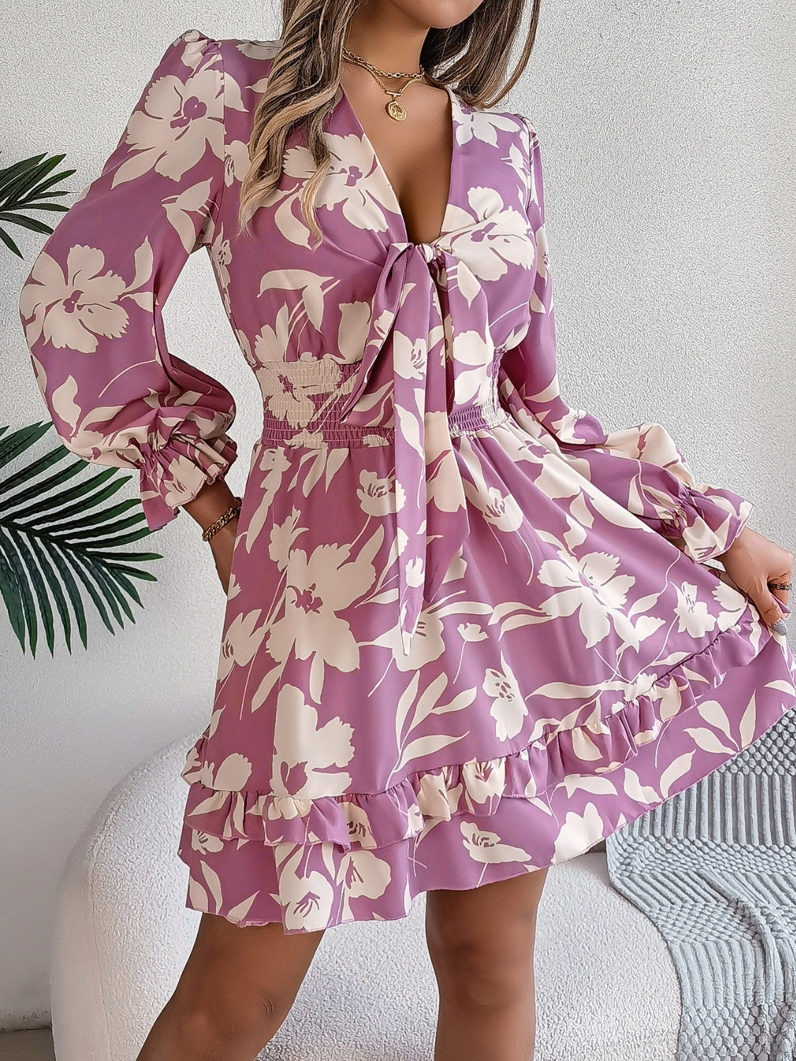 Tied Ruffled Printed Long Sleeve Dress | Casual Mini Floral A-Line Dress