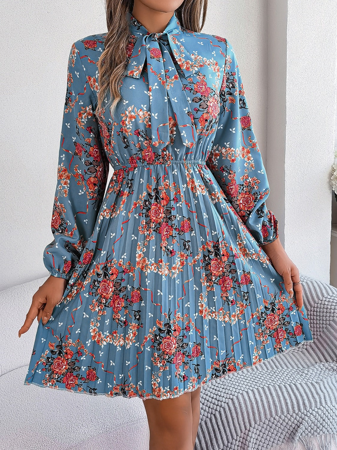 Pleated Printed Tie Neck Long Sleeve Dress | Casual Mini A-Line Floral Dress