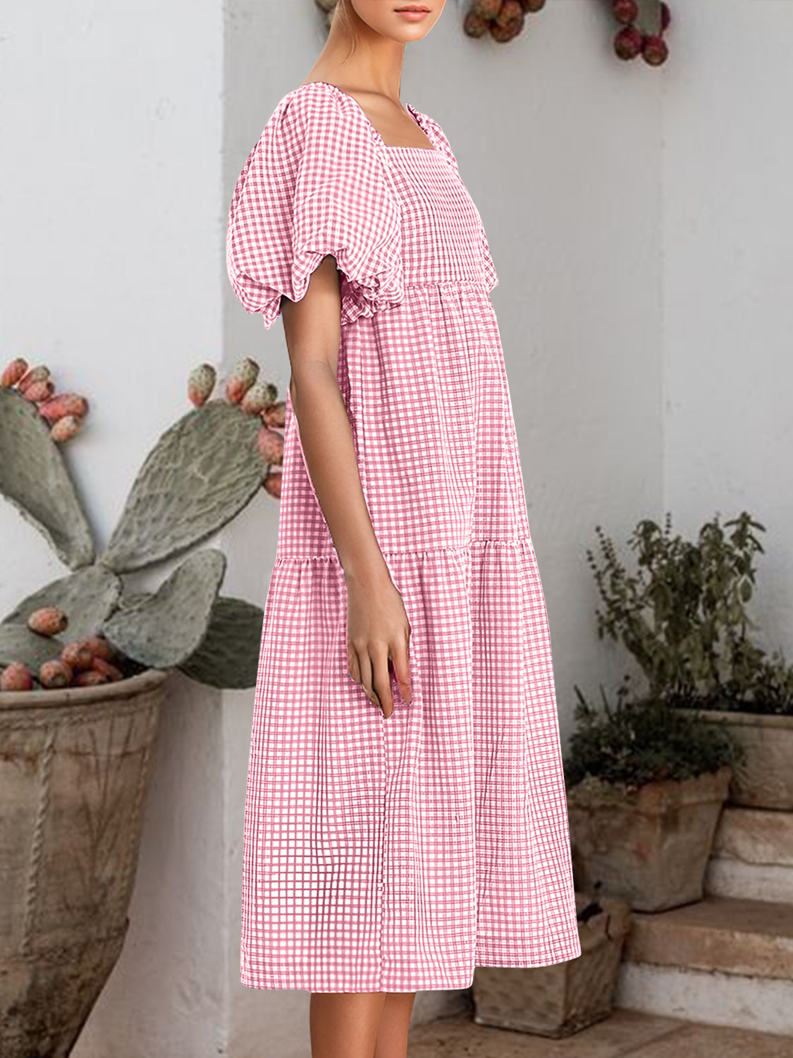 Plaid Square Neck Short Sleeve Dress | Casual Midi Polyester Tied Dress