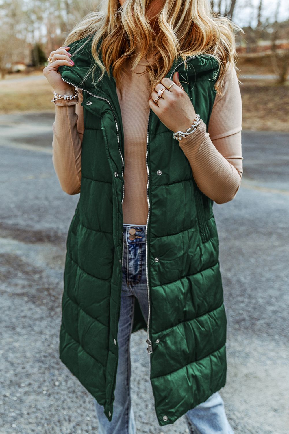 Longline Hooded Sleeveless Puffer Vest | Woman's Polyamide Vest With Pockets