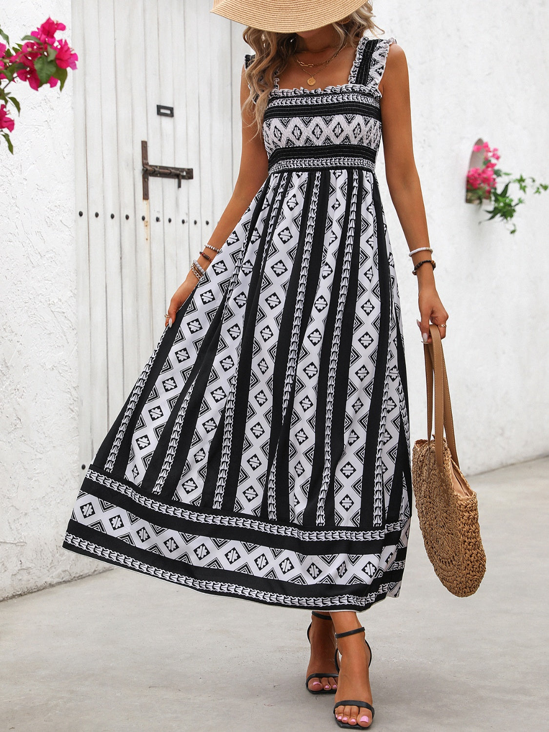 Printed Square Neck Wide Strap Cami Dress | Casual Sleeveless A-line Dress