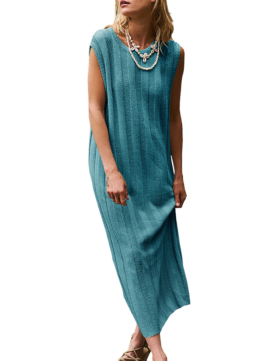 Round Neck Sleeveless Knit Dress | Casual Maxi Wide Stripes Acrylic Dress