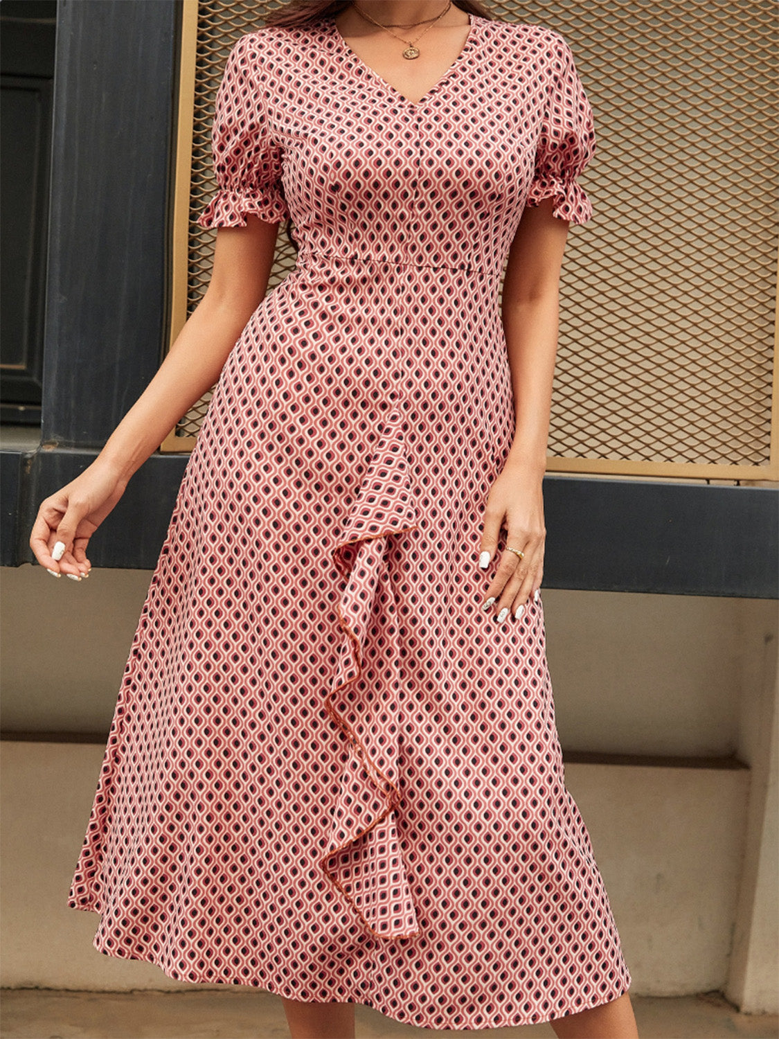 Printed V-Neck Flounce Sleeve Midi Dress | Casual polyester A-Line Dress