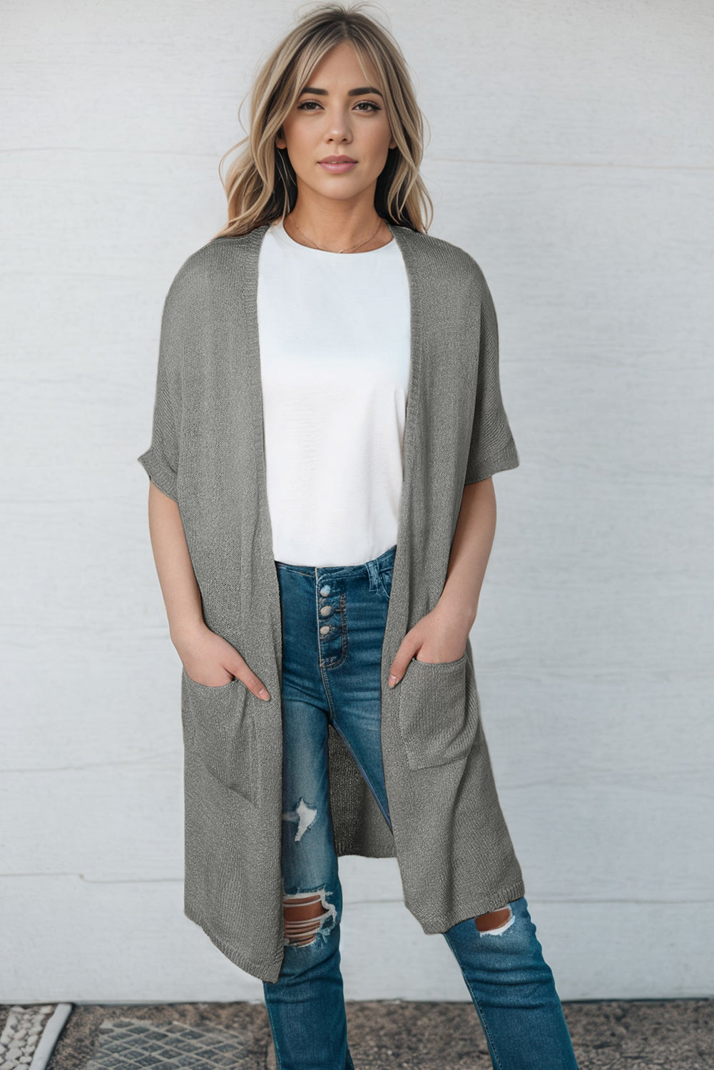 Open Front Sweater Cardigan with Pockets | Casual Solid Acrylic Cardigan