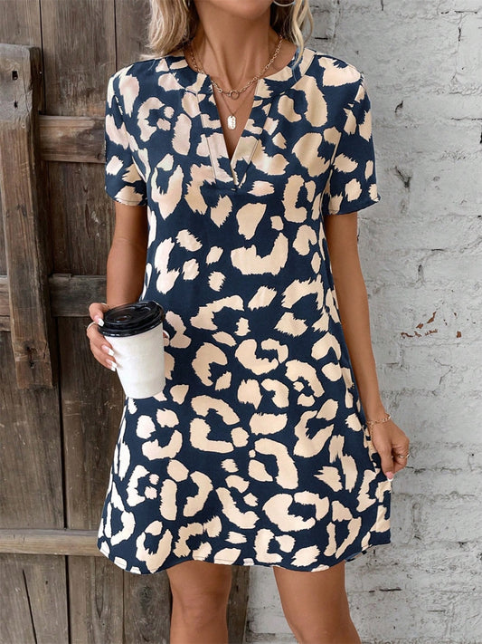 Printed Notched Short Sleeve Mini Dress | A-line Casual Polyester Dress