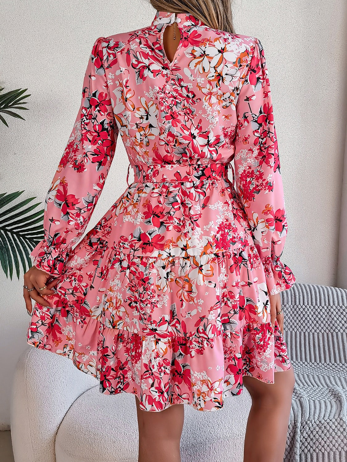 Printed Mock Neck Flounce Sleeve Mini Dress | Casual Floral Polyester Dress