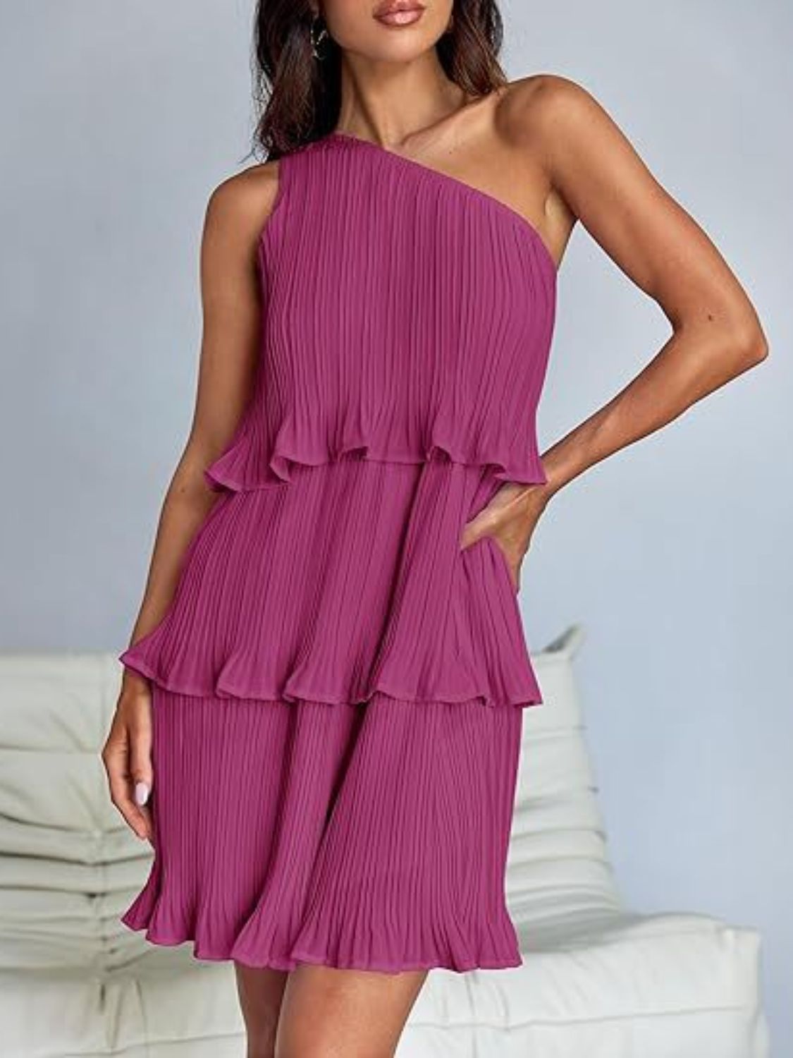 Layered Single Shoulder Mini Dress | Mini Sleeveless Dress W/ Asymmetrical neck