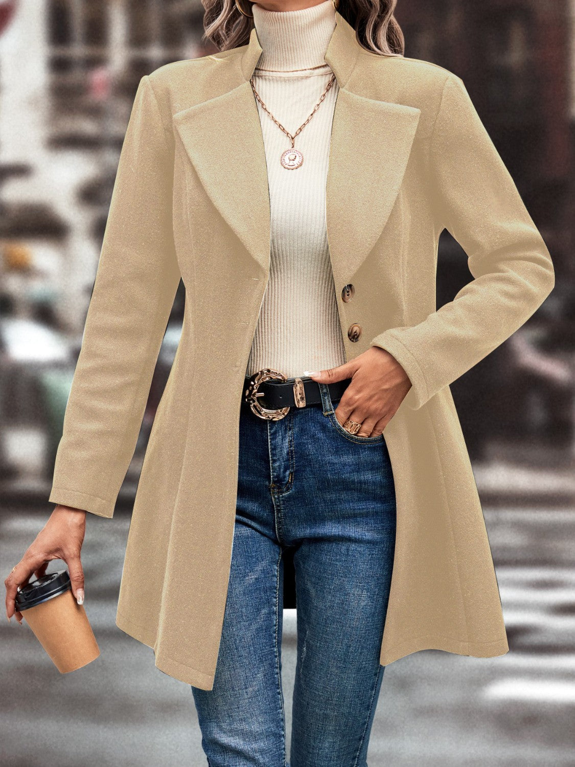 Lapel Collar Button Down Coat | Woman's Solid Polyester Coat With long Sleeves