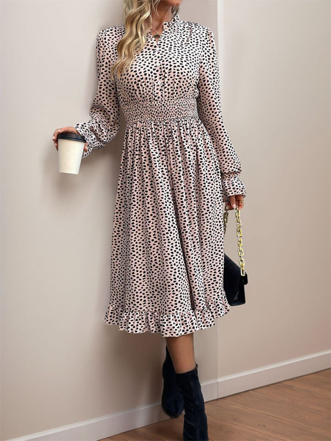 Ruched Ruffled Leopard Long Sleeve Dress | Casual Midi A-Line V-Neck Dress