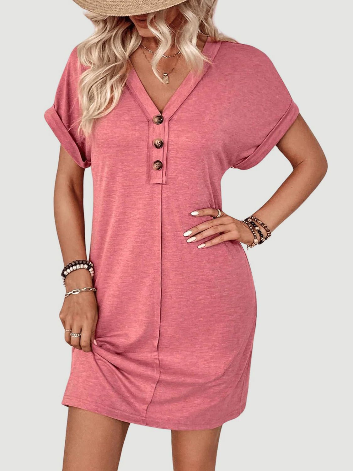 Quarter Button V-Neck Short Sleeve Dress | Casual Mini Solid Polyester Dress