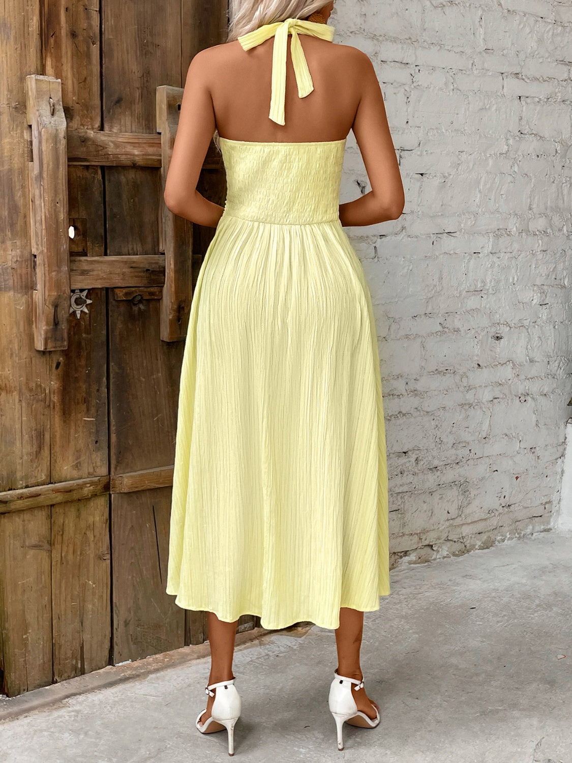 Halter Neck Midi Dress | A-line Solid Sleeveless Dress W/ Textured Design