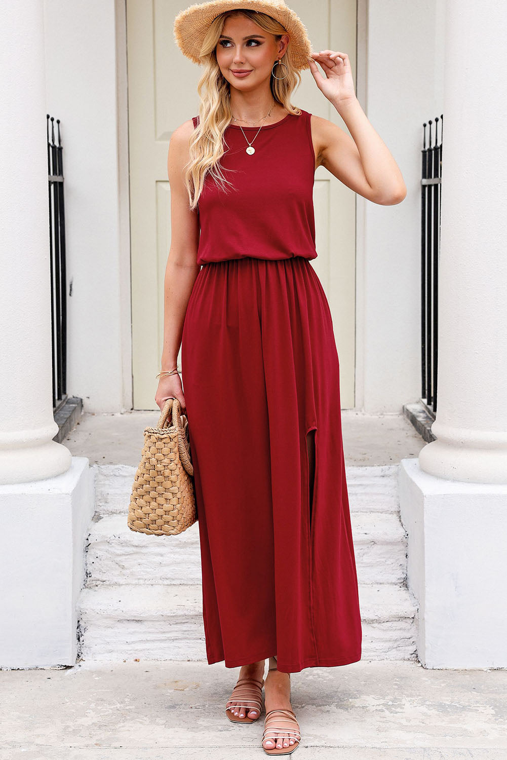 Slit Round Neck Sleeveless Dress | Casual Solid Pocketed Polyester Midi Dress