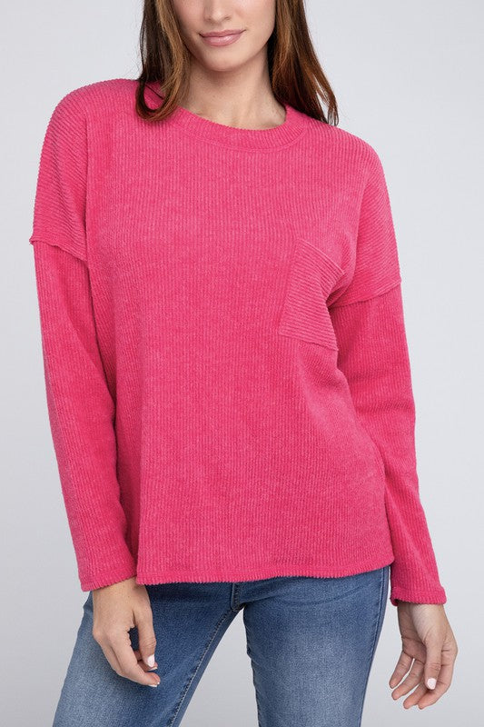 Ribbed Brushed Melange Hacci Sweater with a Pocket | Oversized Casual Sweater