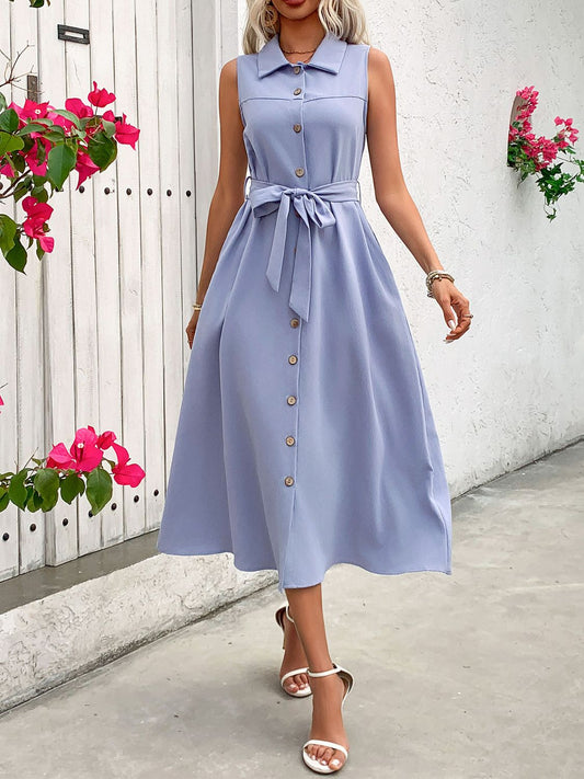 Collared Neck Sleeveless Dress | Midi A-line Sleeveless Dress W/ Tie Waist