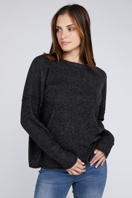 Ribbed Brushed Melange Hacci Sweater with a Pocket | Oversized Casual Sweater