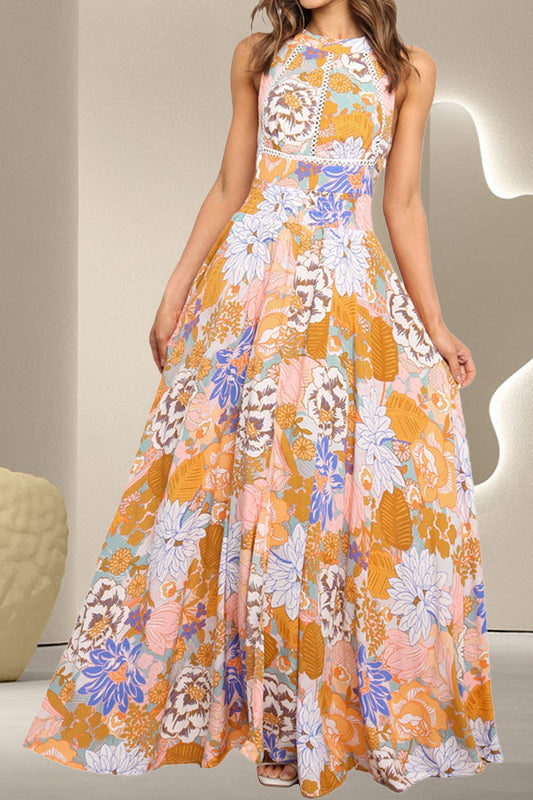 Tied Printed Grecian Sleeveless Maxi Dress | Sleeveless A-Line Floral Long Dress