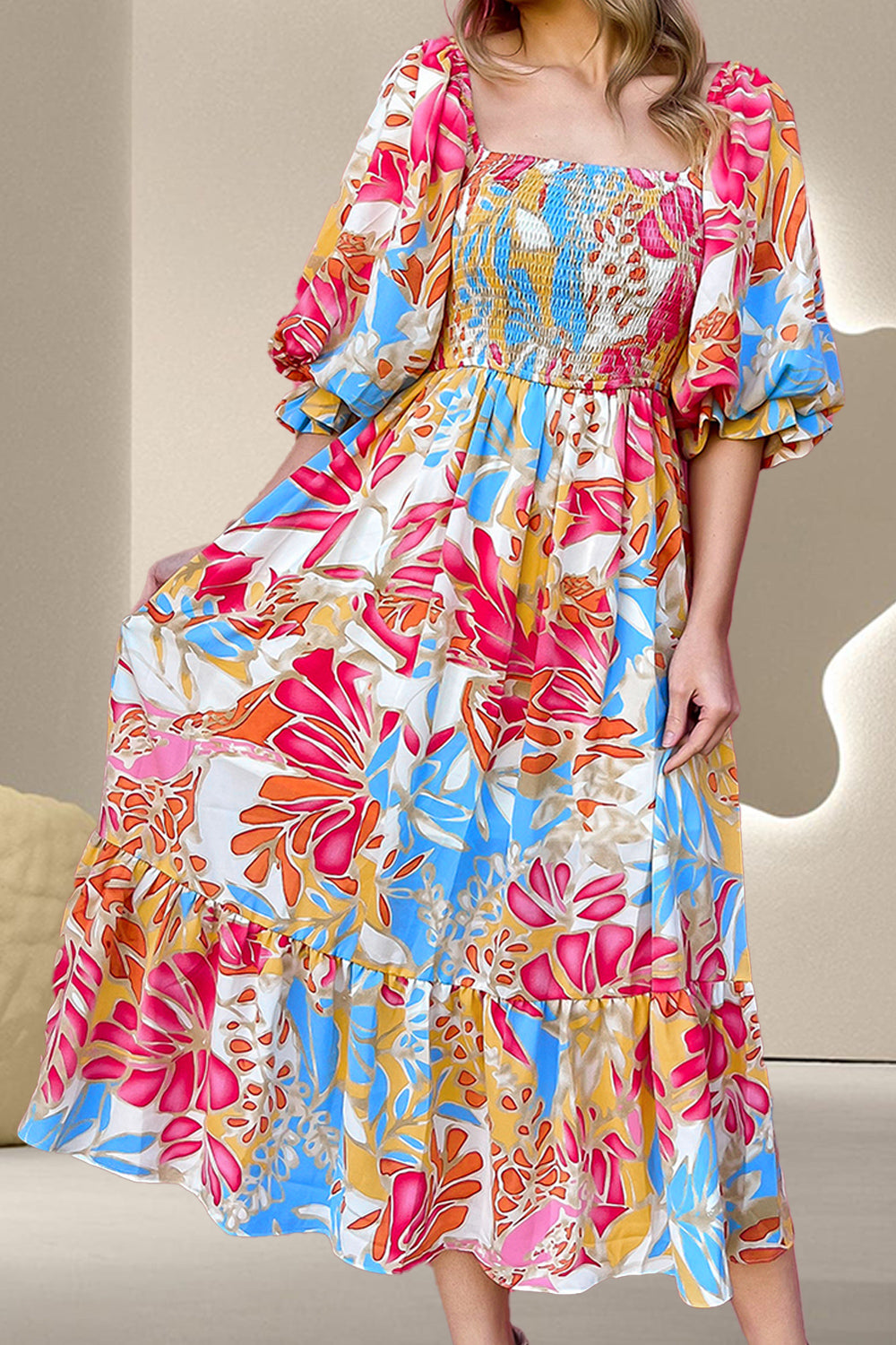 Smocked Printed Half Sleeve Midi Dress | Casual A-Line Floral Polyester Dress