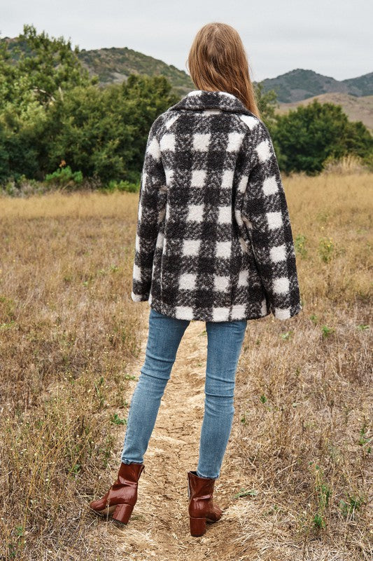 Fuzzy Boucle Textured Double Breasted Coat Jacket | Plaid Pocketed Jacket