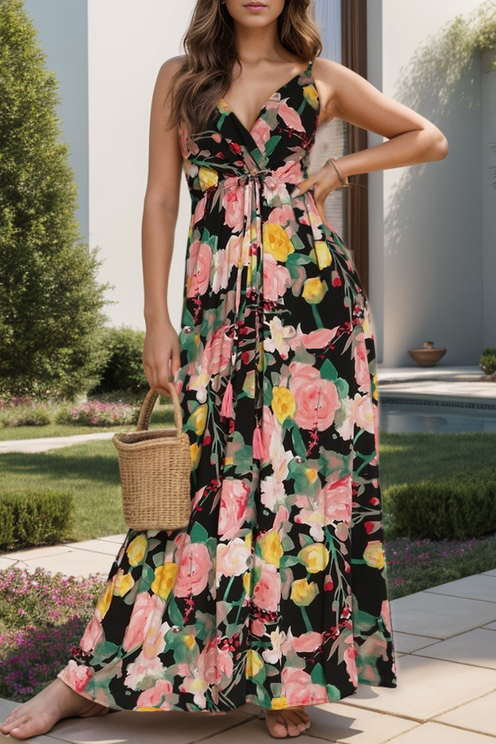 Tied Printed Surplice Cami Dress | Casual Sleeveless A-Line Floral Dress