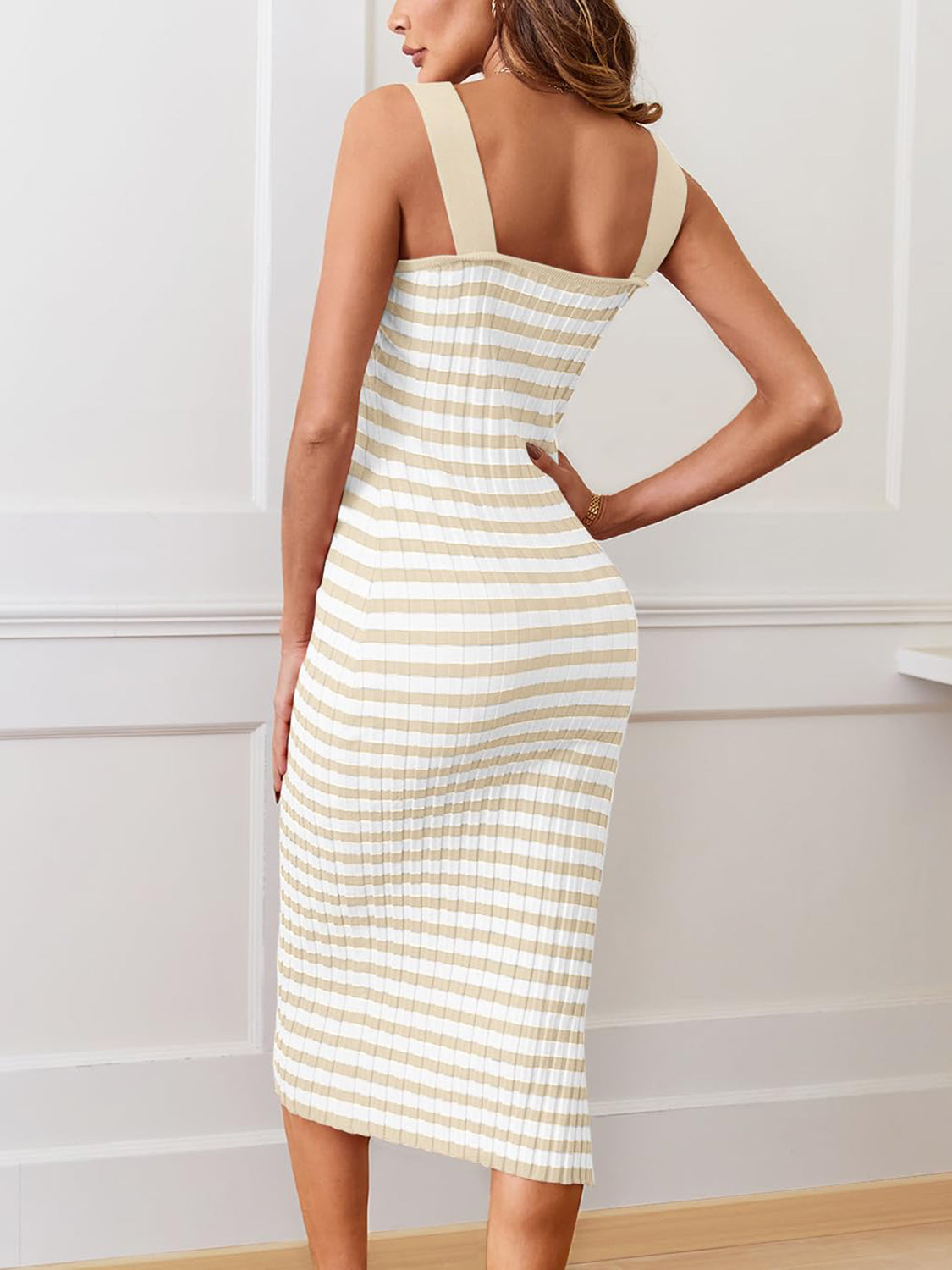 Slit Striped Square Neck Cami Dress | Casual Sleeveless Midi Acrylic Dress