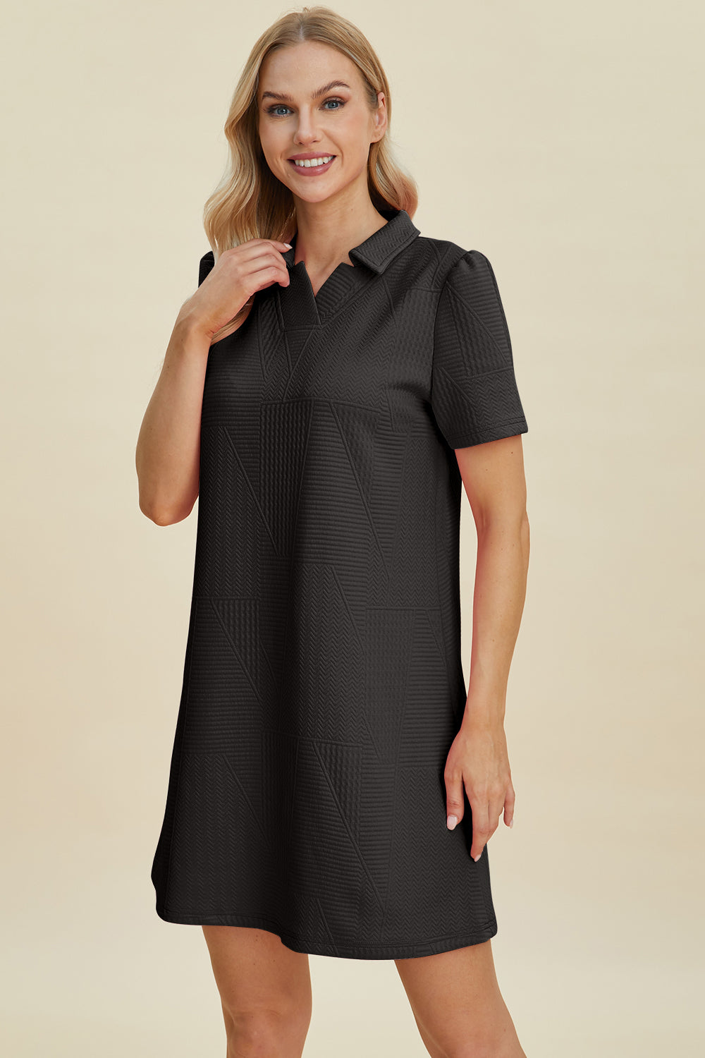 Double Take Full Size Texture Short Sleeve Dress | Casual Mini Collar Neck Dress