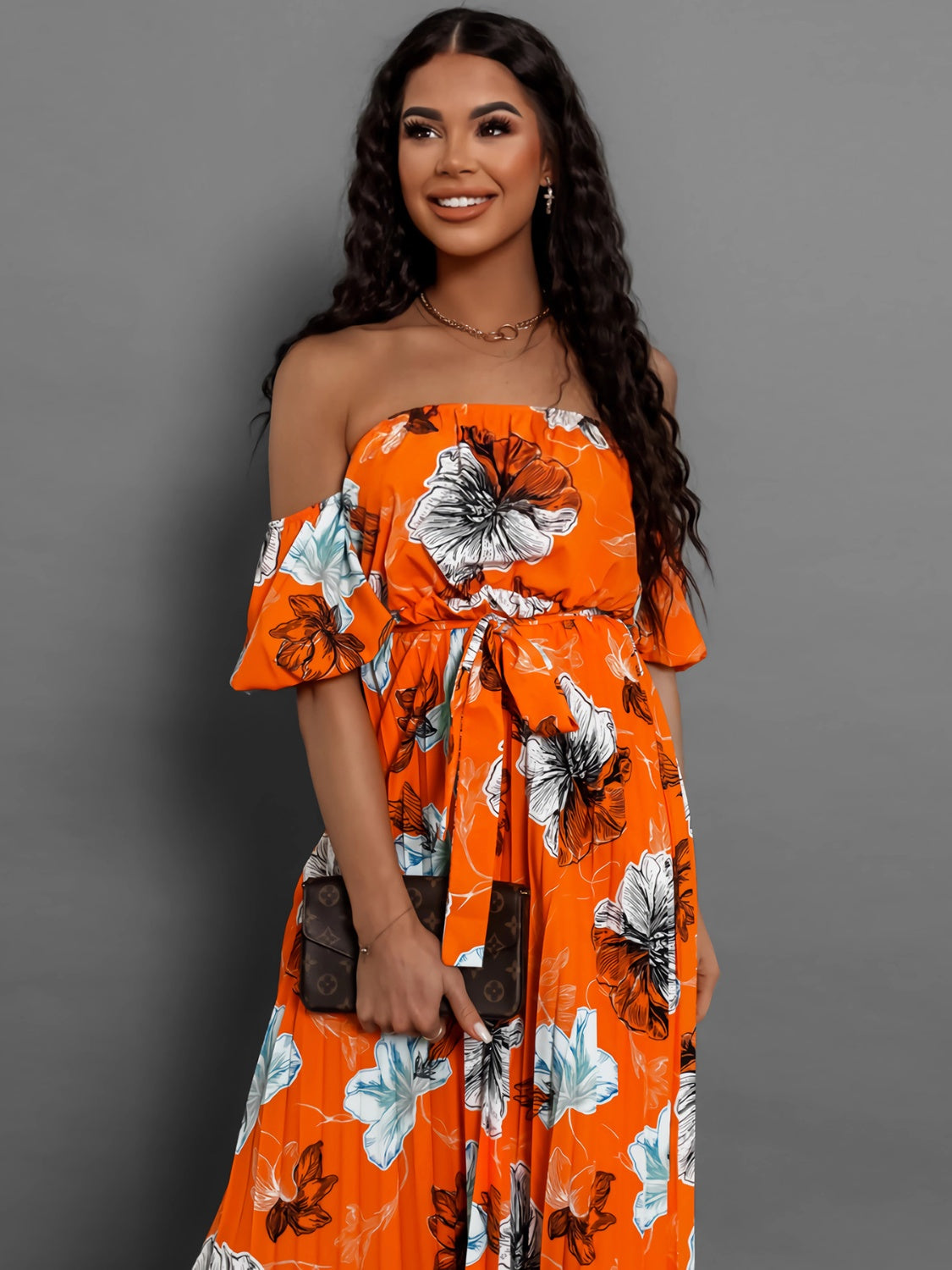 Pleated Floral Off-Shoulder Short Sleeve Midi Dress | A-Line Pleated Dress