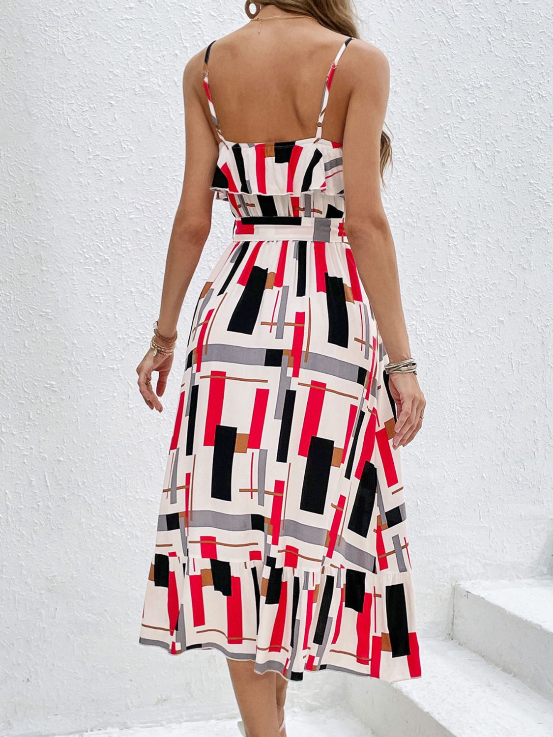 Ruffled Printed Tie Waist Midi Dress | Casual Sleeveless A-Line Strapped Dress