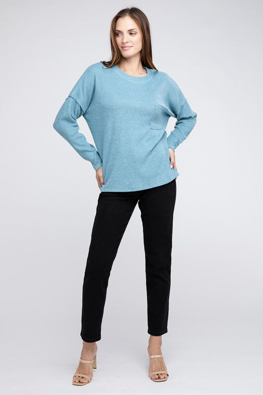 Ribbed Brushed Melange Hacci Sweater with a Pocket | Oversized Casual Sweater