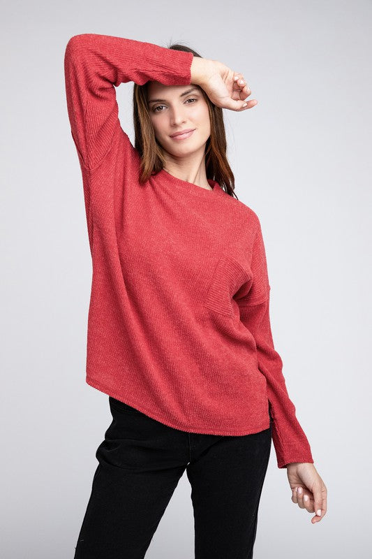 Ribbed Brushed Melange Hacci Sweater with a Pocket | Oversized Casual Sweater