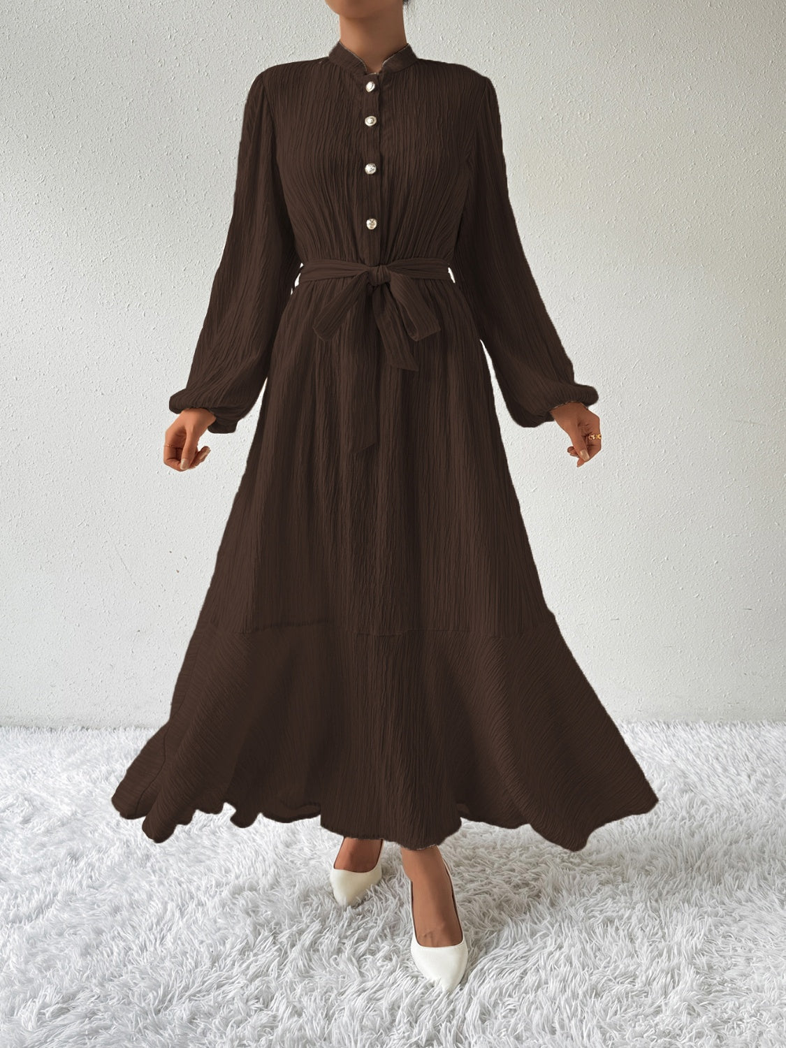 Tie Waist Long Sleeve Dress | A-Line Maxi Solid Buttoned Textured Dress