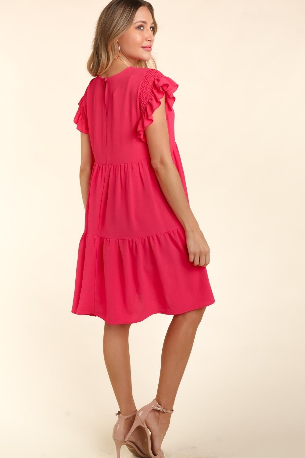 Haptics Full Size Smocking Ruffle Short Sleeve Dress with Pockets | Solid Dress