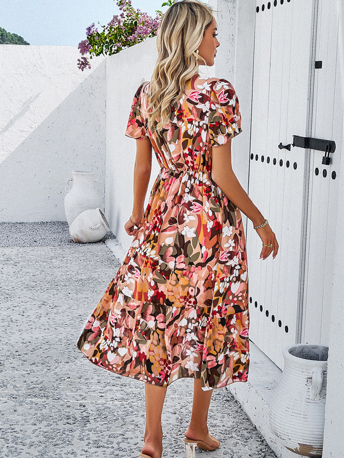 Printed V-Neck Flutter Sleeve Midi Dress | A-Line Floral Lined Ruched Dress