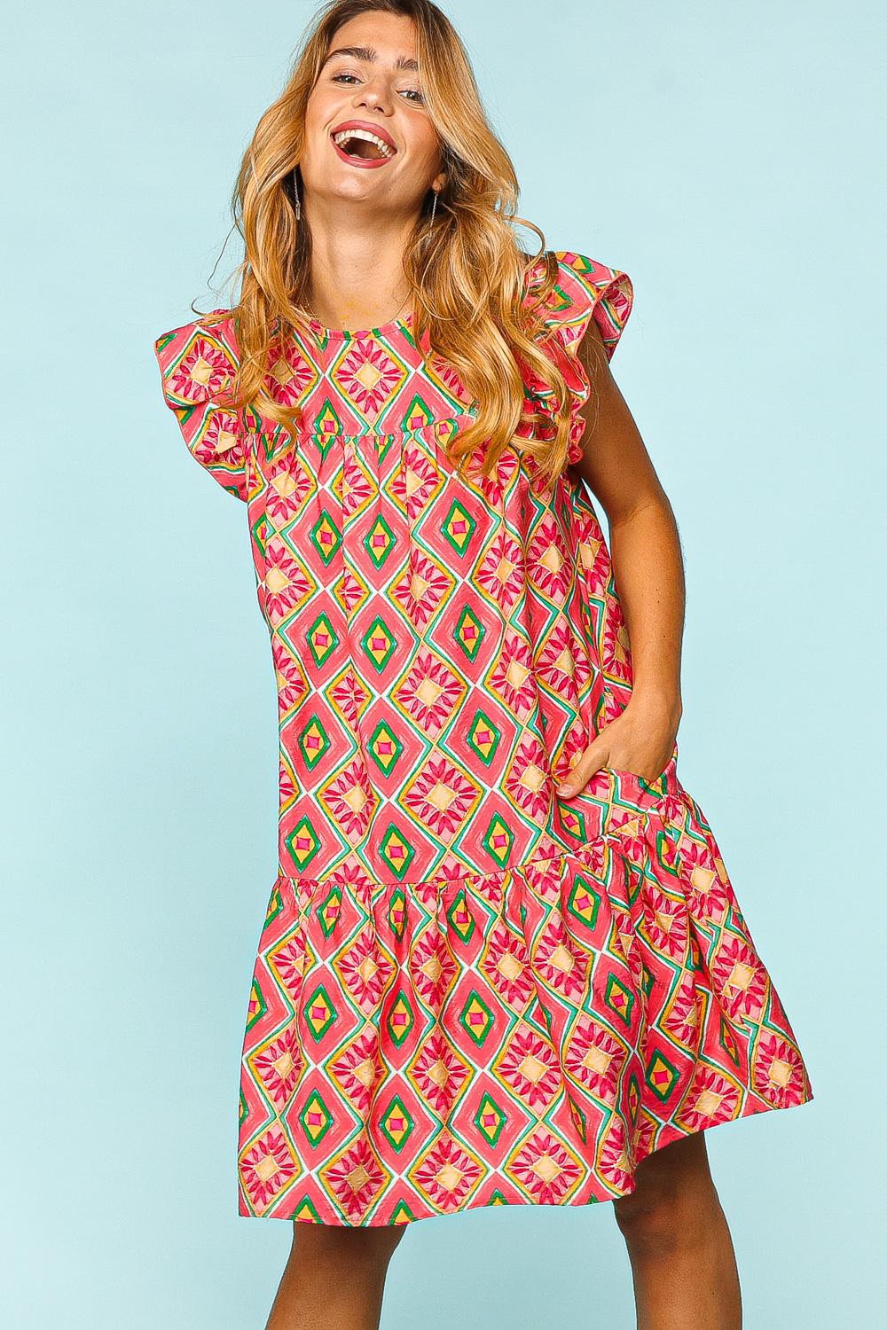 Haptics Full Size Ruffled Printed Dress with Side Pockets | Casual Relaxed Dress