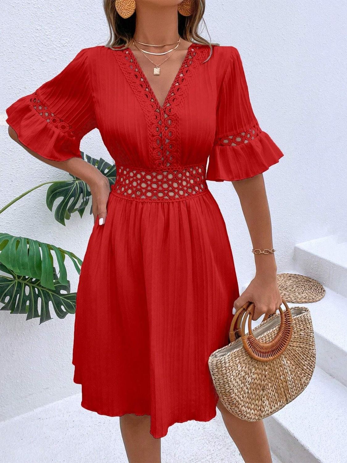 Cutout V-Neck Flounce Sleeve Mini Dress | Casual A-Line Ruffled Polyester Dress