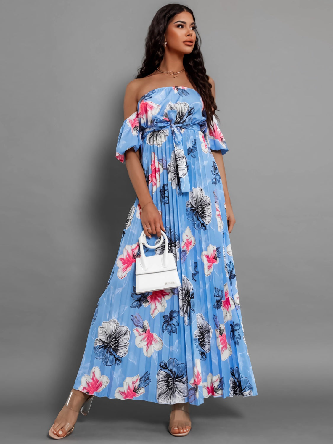 Pleated Floral Off-Shoulder Short Sleeve Midi Dress | A-Line Pleated Dress