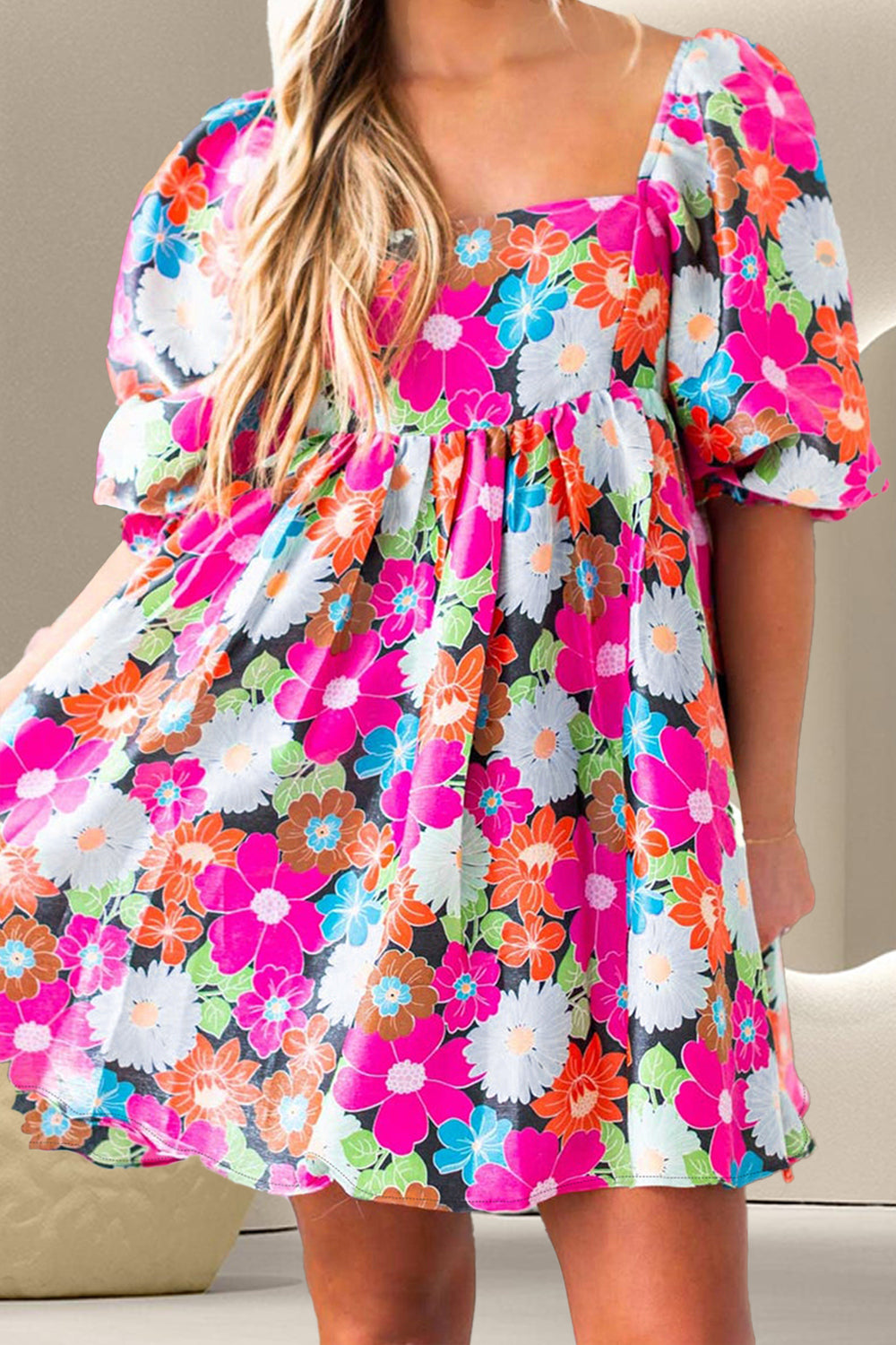 Printed Square Neck Half Sleeve Mini Dress | A-line Floral Polyester Dress