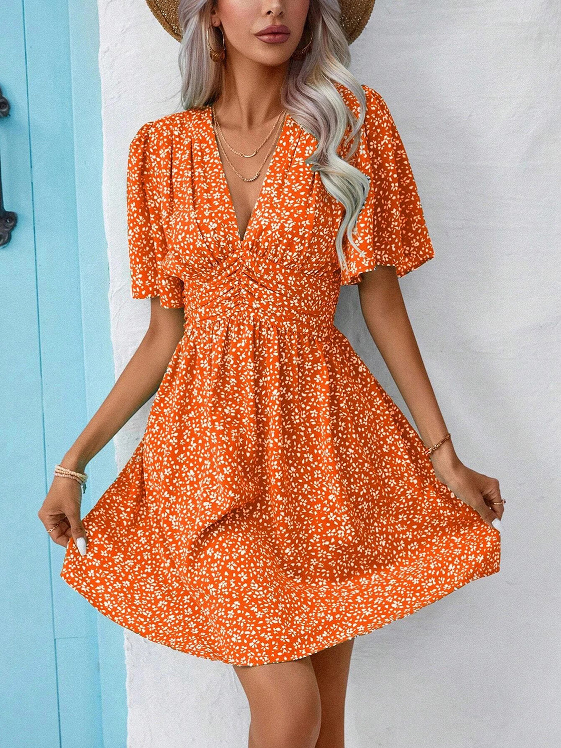 Printed V-Neck Half Sleeve Mini Dress | A-Line Floral Polyester Dress W/ V-Neck