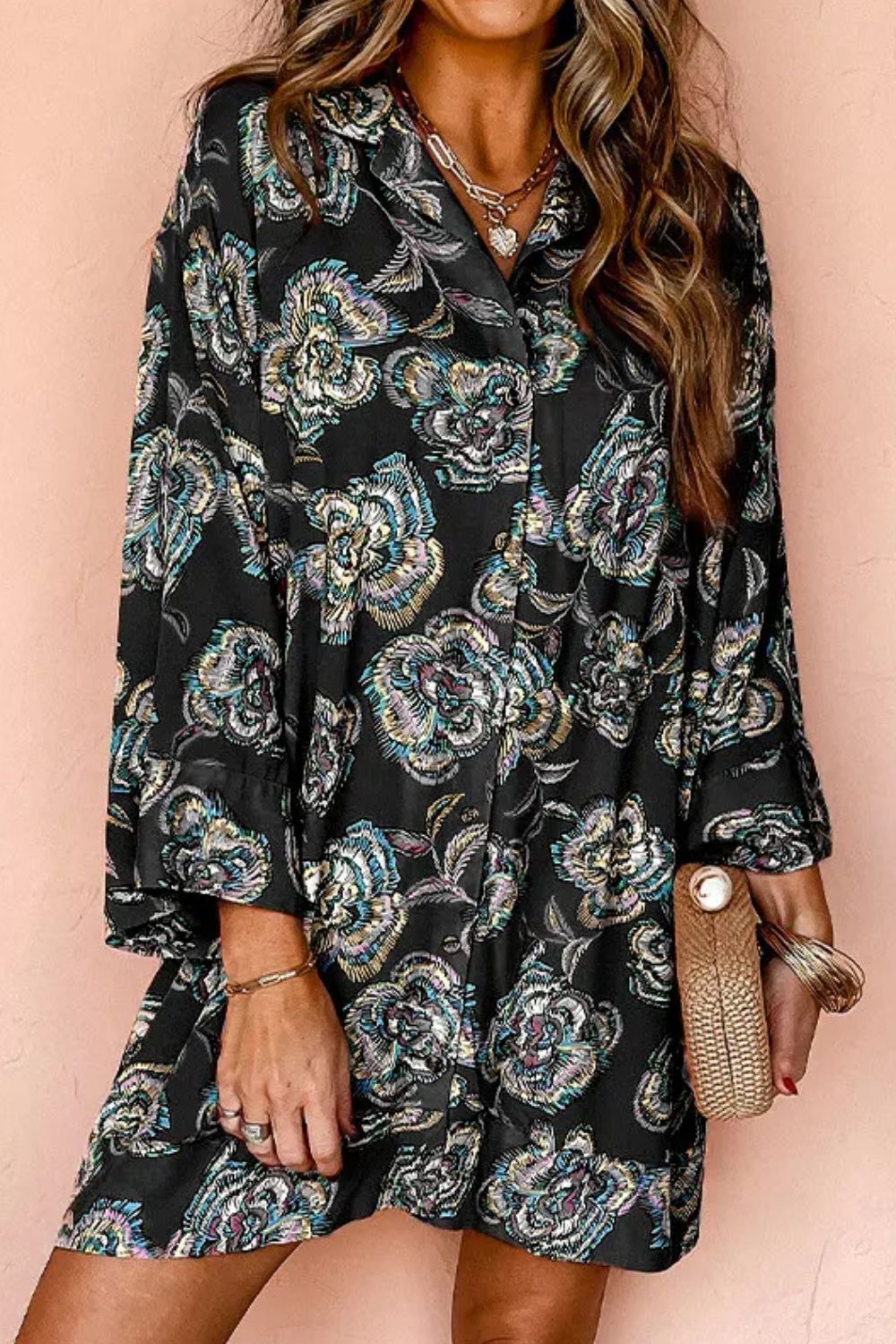 Printed Button Up Three-Quarter Sleeve Shirt Dress