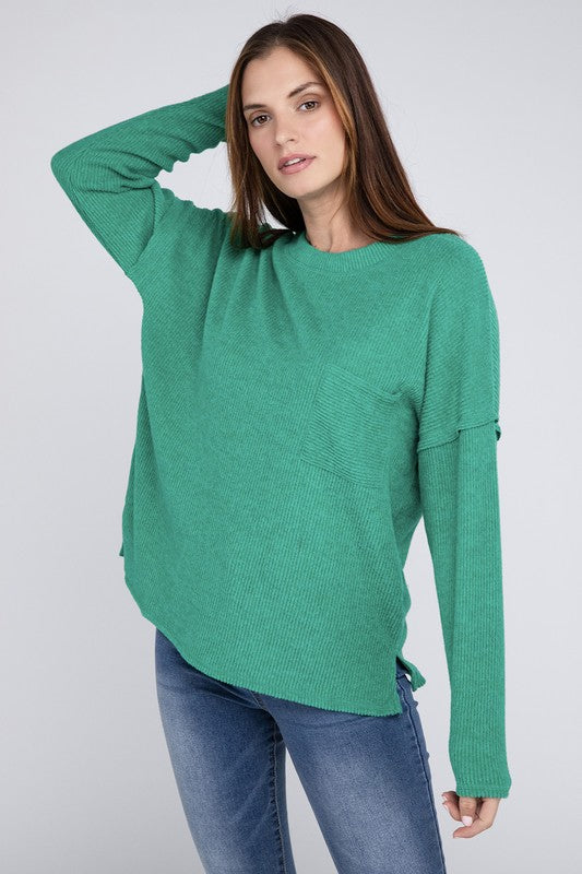 Ribbed Brushed Melange Hacci Sweater with a Pocket | Oversized Casual Sweater