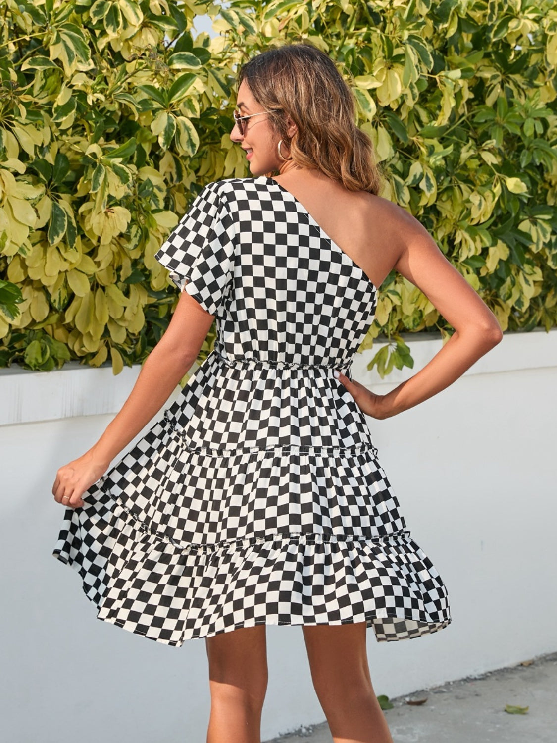 Checkered Single Shoulder Mini Dress | Casual Polyester A-Line Elegant Dress