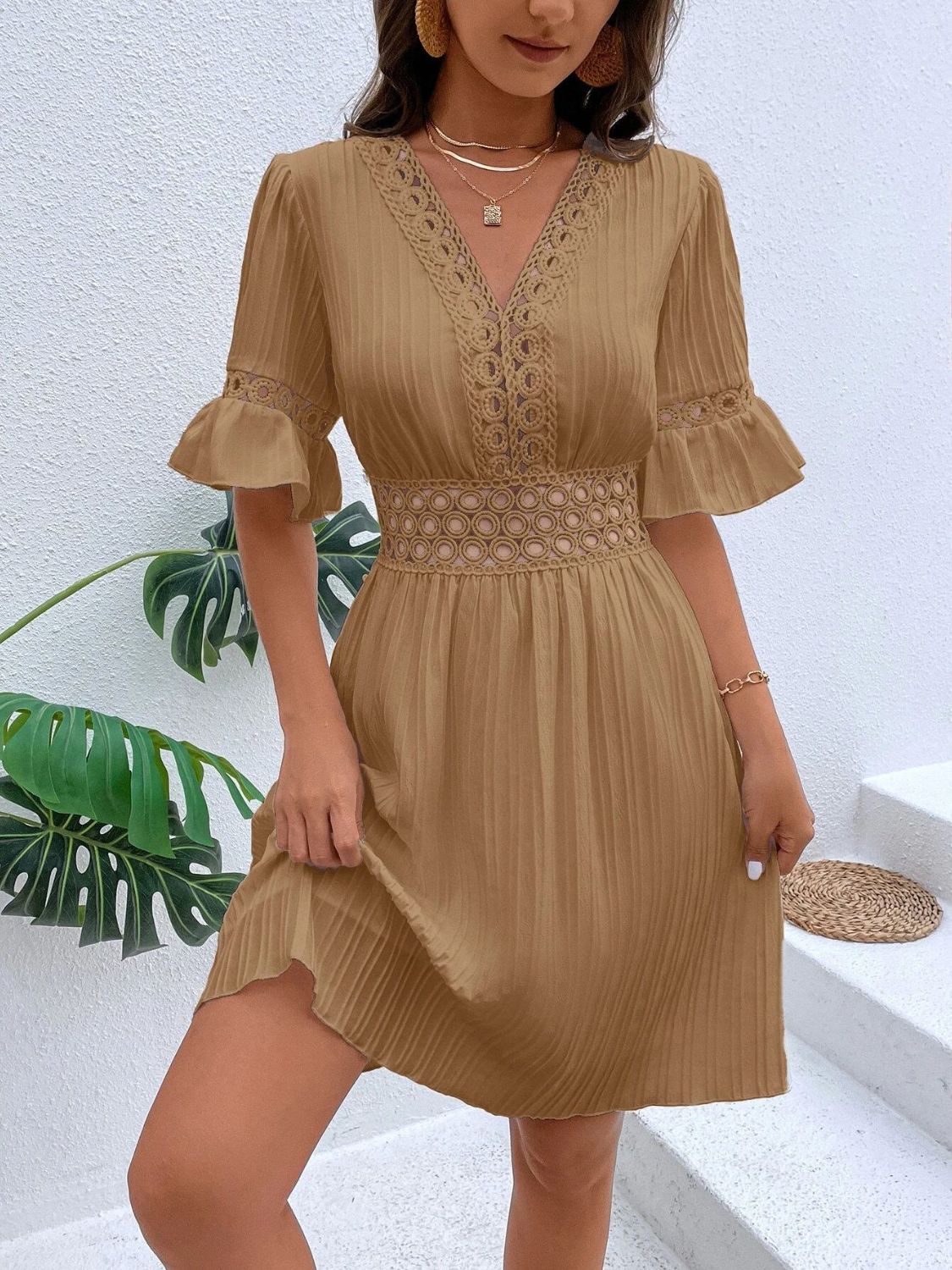 Cutout V-Neck Flounce Sleeve Mini Dress | Casual A-Line Ruffled Polyester Dress